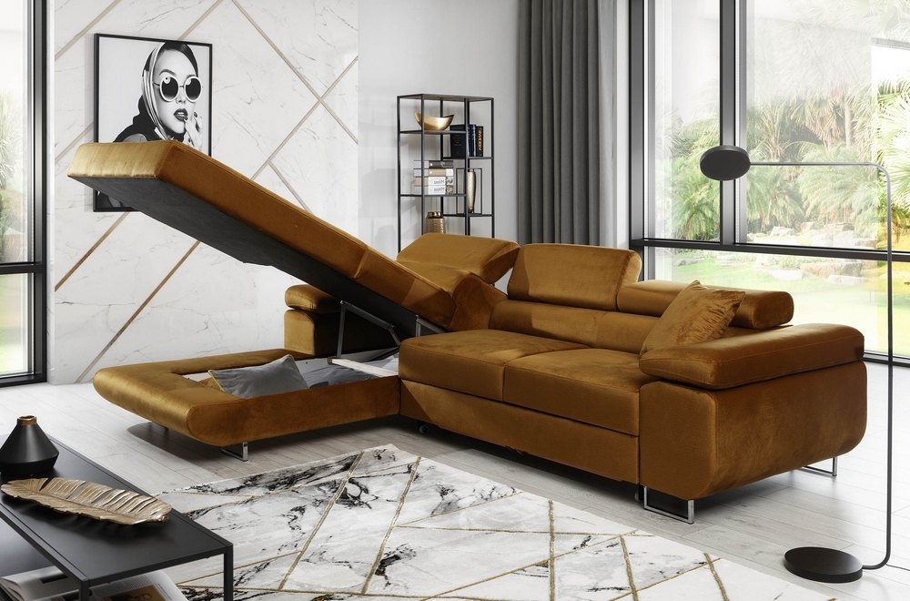 Canapé Lit Modulaire 5 Places En Chenille - Configuration En U - 263x171x66 Cm - Marron - Avec 6 Coussins