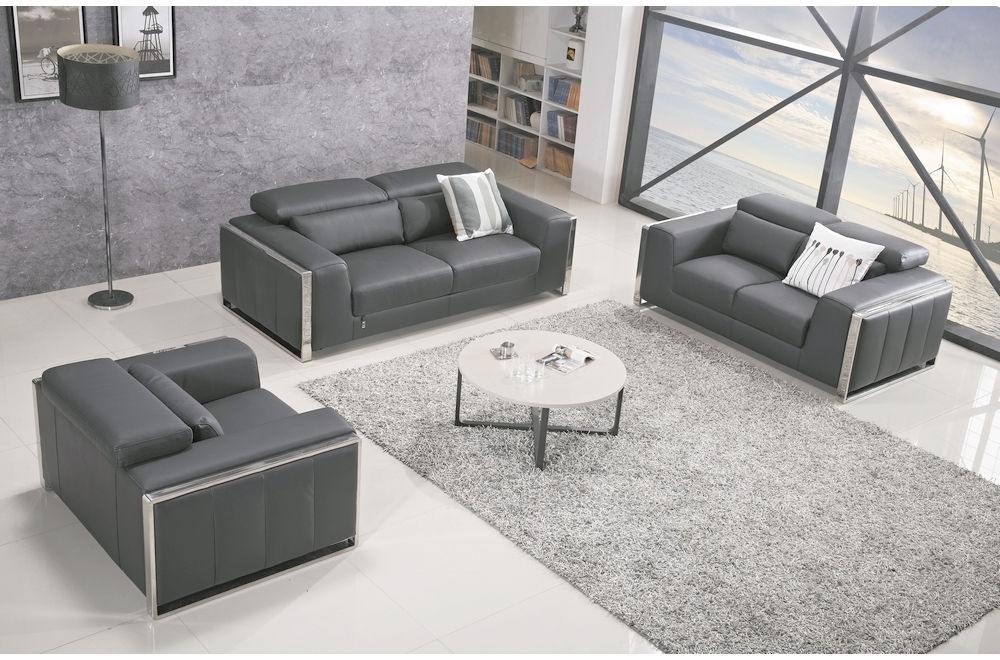 Ensemble canapé 3 places et 2 places en cuir italien buffle vega, gris  foncé avec surpiqure gris clair - Mobilier Privé