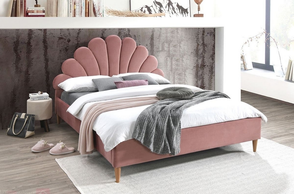 Lit double en tissu velours de qualité monoti, rose pale, avec sommier à  lattes, 160x200 - Mobilier Privé