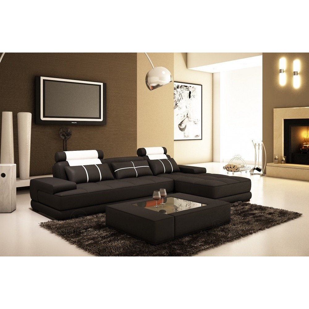 Canapé d'angle en cuir italien 5 places ELIXA, noir et blanc, angle droit Canapé d'angle en cuir italien 5 places ELIXA, noir et blanc, angle droit