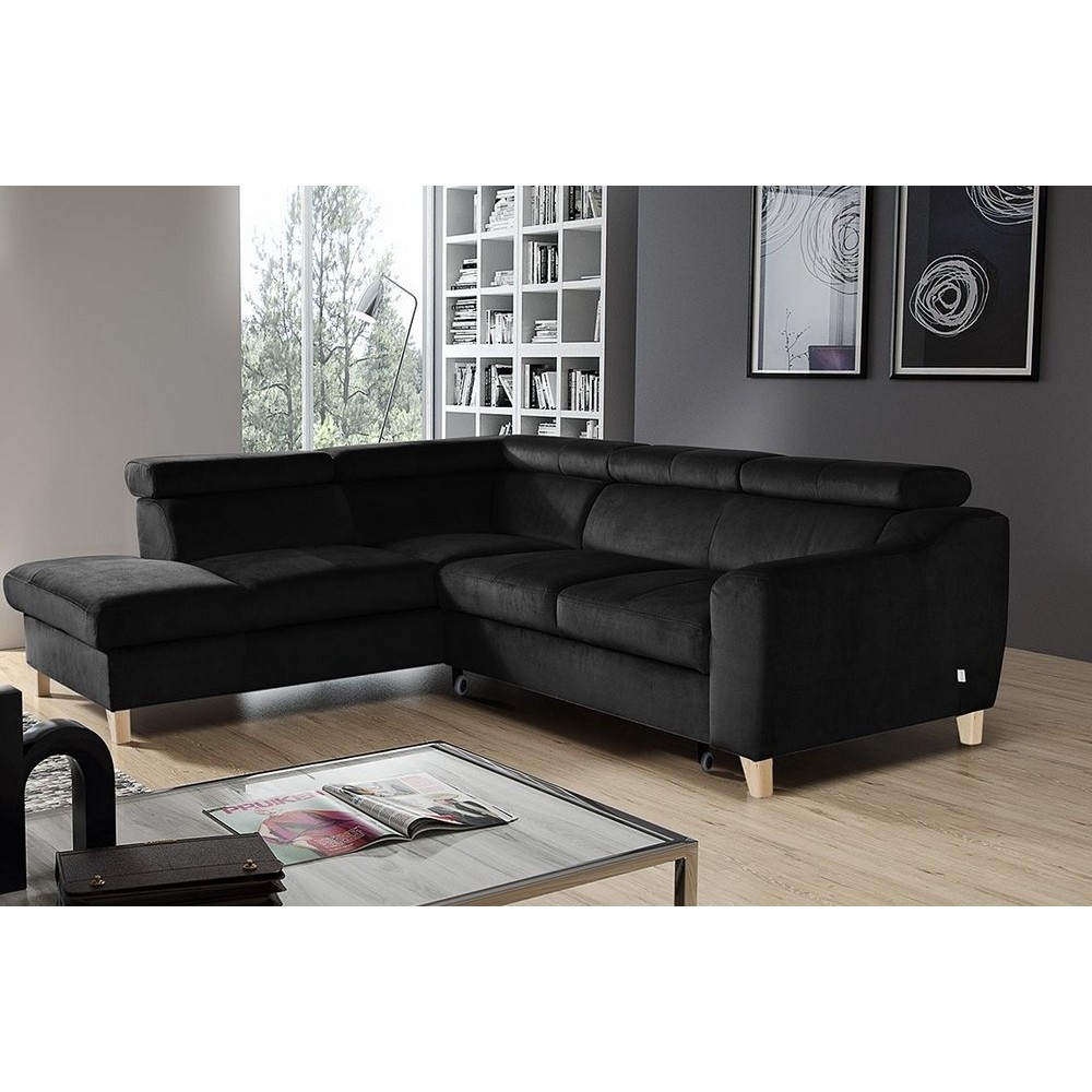 Canapé d'angle convertible en velours luxe 5 places, ASTERIA noir, angle gauche Canapé d'angle convertible en velours luxe 5 places, ASTERIA noir, angle gauche