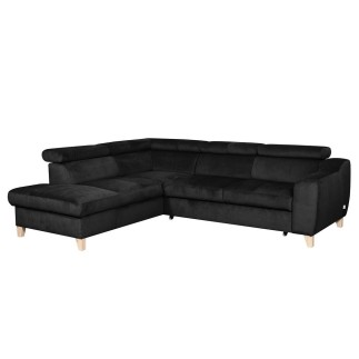 Canapé d'angle convertible en velours luxe 5 places, ASTERIA noir, angle gauche