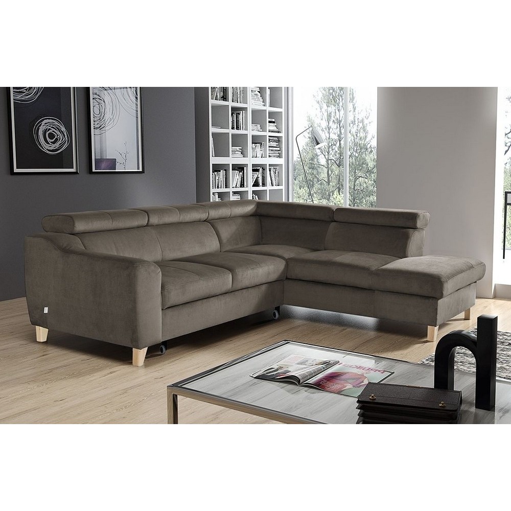 Canapé d'angle convertible en velours luxe 5 places, ASTERIA taupe, angle droit Canapé d'angle convertible en velours luxe 5 places, ASTERIA taupe, angle droit