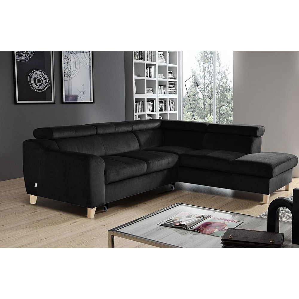 Canapé d'angle convertible en velours luxe 5 places, ASTERIA noir, angle droit Canapé d'angle convertible en velours luxe 5 places, ASTERIA noir, angle droit