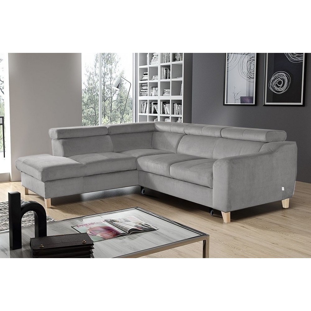 Canapé d'angle convertible en velours luxe 5 places, ASTERIA gris moyen, angle gauche Canapé d'angle convertible en velours luxe 5 places, ASTERIA gris moyen, angle gauche