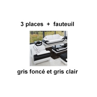 Ensemble canapé 3 places et fauteuil en cuir italien vachette CANDIDE, couleur principale gris foncé, et secondaire gris clair