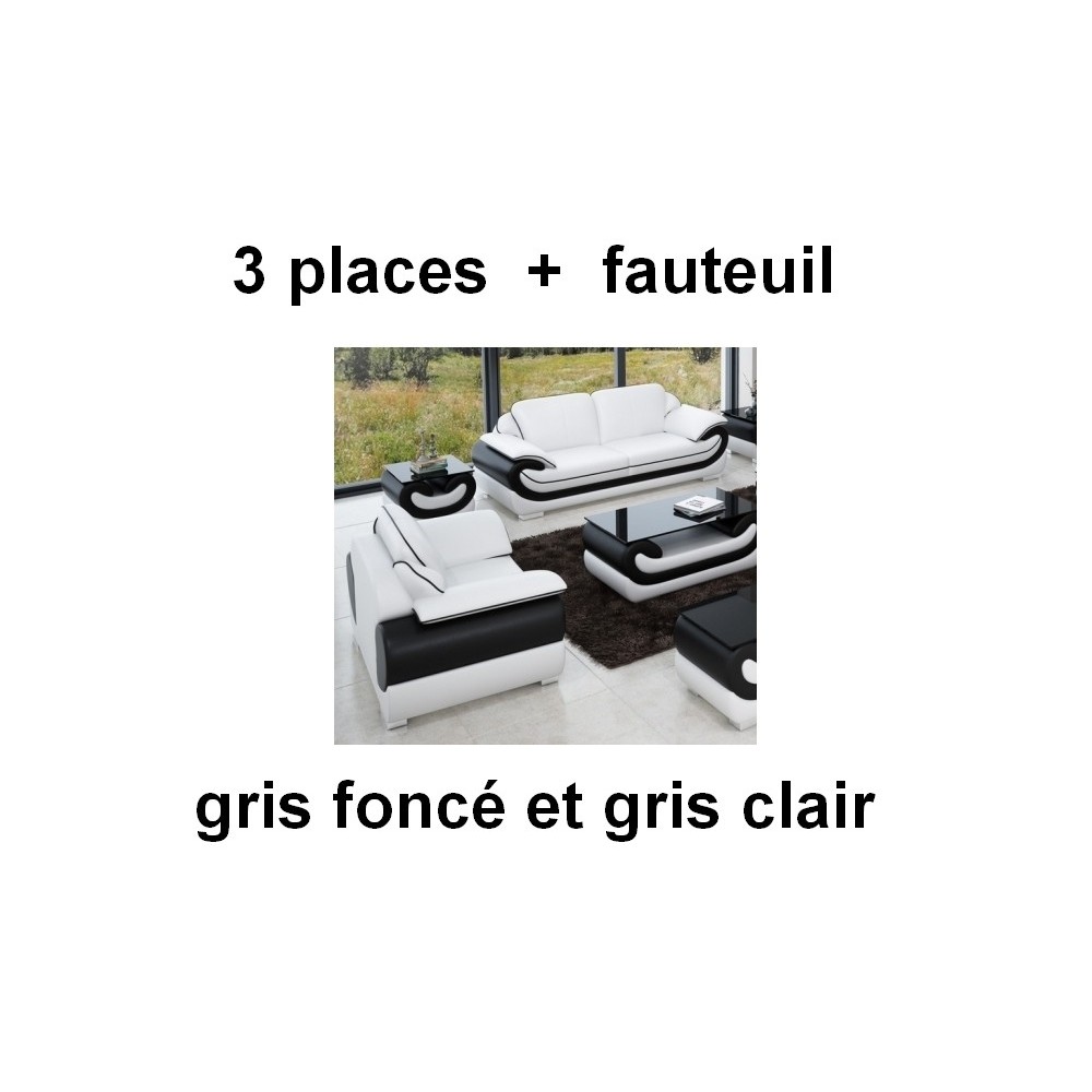 Ensemble canapé 3 places et fauteuil en cuir italien vachette CANDIDE, couleur principale gris foncé, et secondaire gris clair Ensemble canapé 3 places et fauteuil en cuir italien vachette CANDIDE, couleur principale gris foncé, et secondaire gris clair