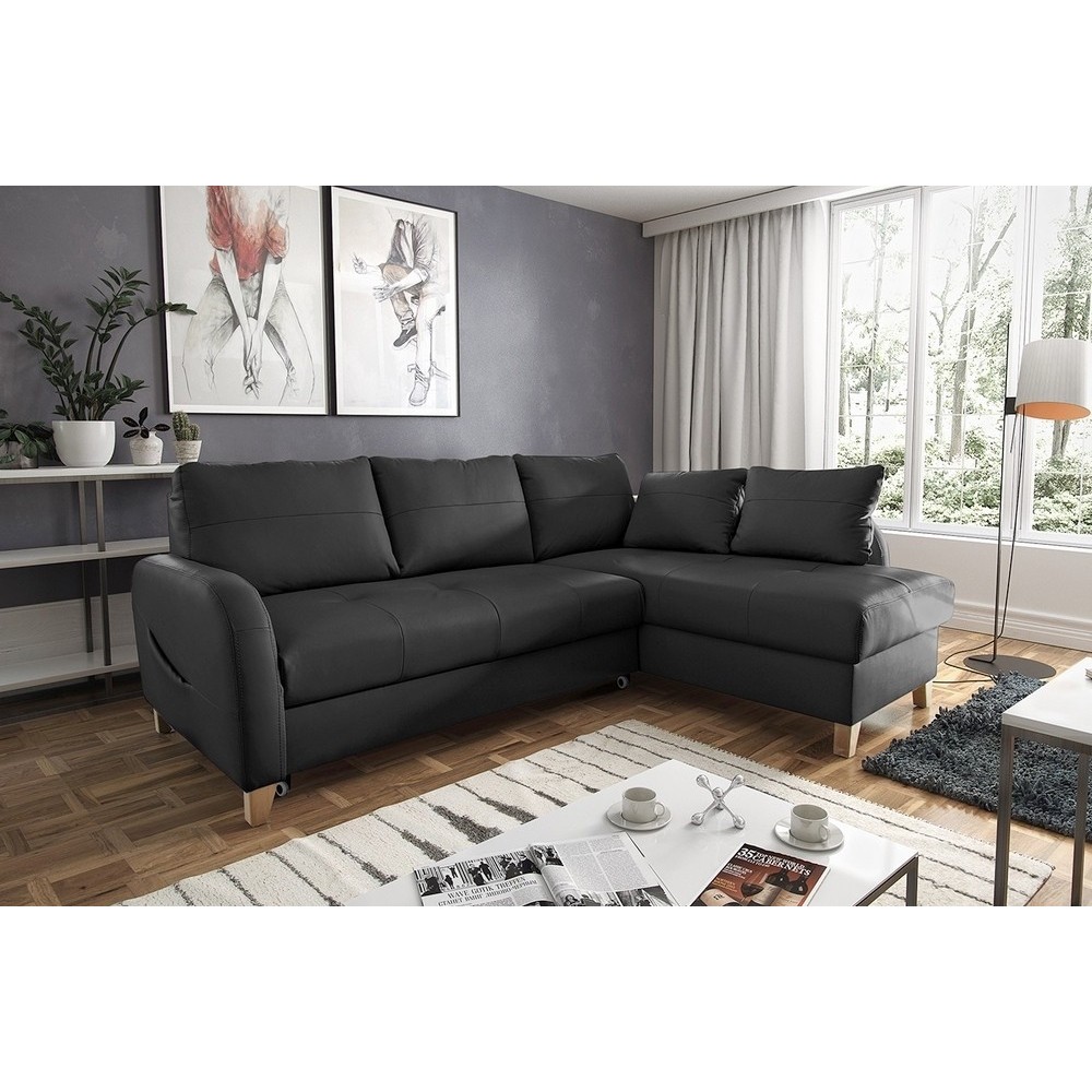Canapé d'angle convertible en cuir de luxe italien , 5 places CONFORIA, noir, angle droit Canapé d'angle convertible en cuir de luxe italien , 5 places CONFORIA, noir, angle droit