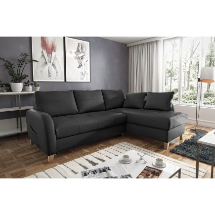 Canapé d'angle convertible en cuir de luxe italien , 5 places CONFORIA, noir, angle droit