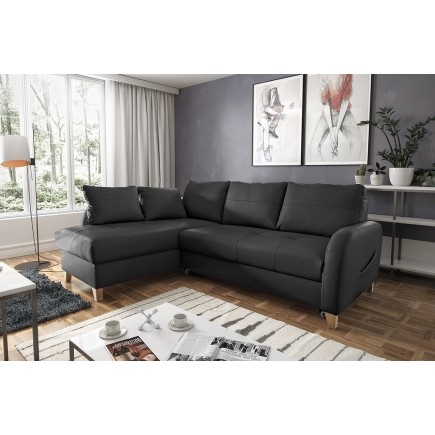 Canapé d'angle convertible en cuir de luxe italien , 5 places CONFORIA, noir, angle gauche