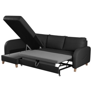 Canapé d'angle convertible en cuir de luxe italien , 5 places CONFORIA, noir, angle gauche