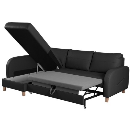 Canapé d'angle convertible en cuir de luxe italien , 5 places CONFORIA, noir, angle gauche