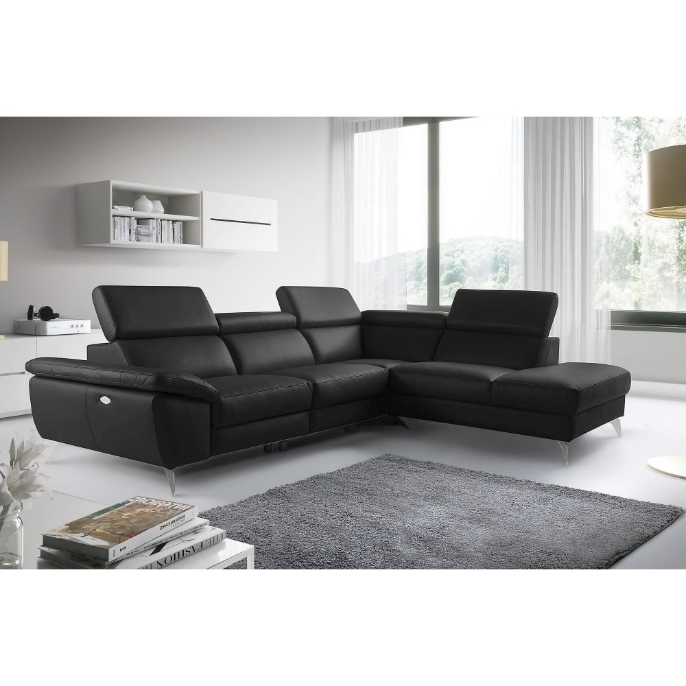 Canapé d'angle relax en 100% tout cuir épais de luxe italien avec relax électrique, 5/6 places KASTER, noir, angle droit Canapé d'angle relax en 100% tout cuir épais de luxe italien avec relax électrique, 5/6 places KASTER, noir, angle droit