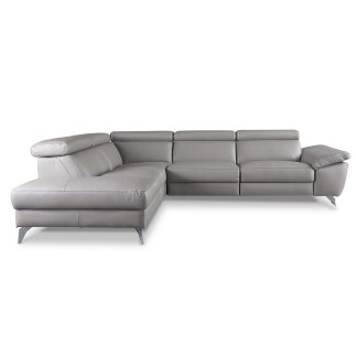 Canapé d'angle relax en 100% tout cuir épais de luxe italien avec relax électrique, 5/6 places KASTER, gris clair, angle gauche