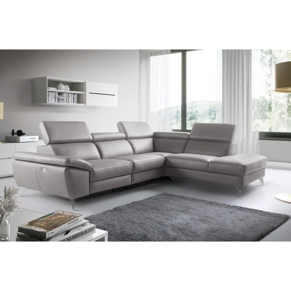 Canapé d'angle relax en 100% tout cuir épais de luxe italien avec relax électrique, 5/6 places KASTER, gris clair, angle droit Canapé d'angle relax en 100% tout cuir épais de luxe italien avec relax électrique, 5/6 places KASTER, gris clair, angle droit