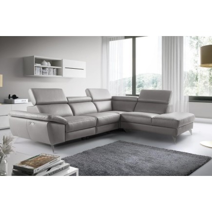 Canapé d'angle relax en 100% tout cuir épais de luxe italien avec relax électrique, 5/6 places KASTER, gris clair, angle droit