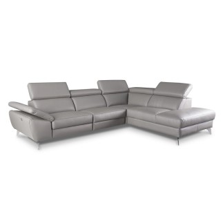 Canapé d'angle relax en 100% tout cuir épais de luxe italien avec relax électrique, 5/6 places KASTER, gris clair, angle droit