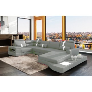 Canapé d'angle en cuir italien 8 places venise, gris clair / blanc, angle gauche, 6x sans frais, total de la commande: 2168 euro