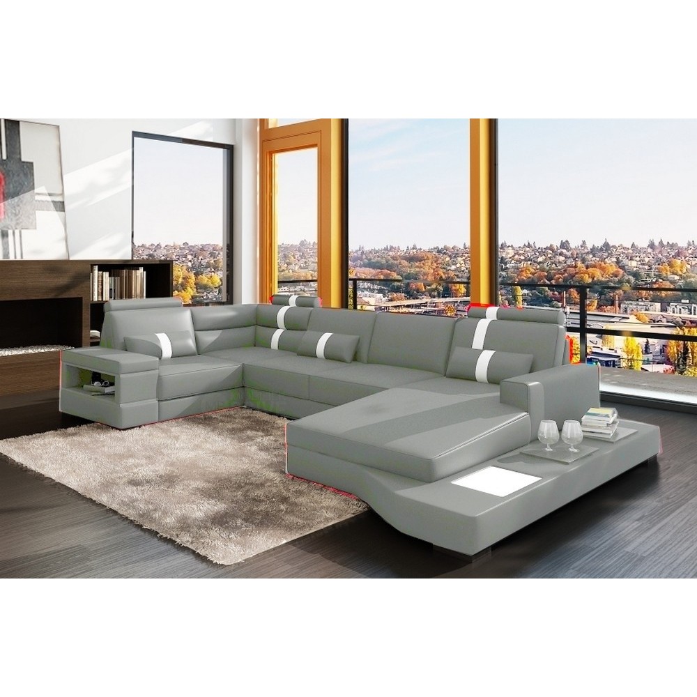 Canapé d'angle en cuir italien 8 places venise, gris clair / blanc, angle gauche, 6x sans frais, total de la commande: 2168 euro