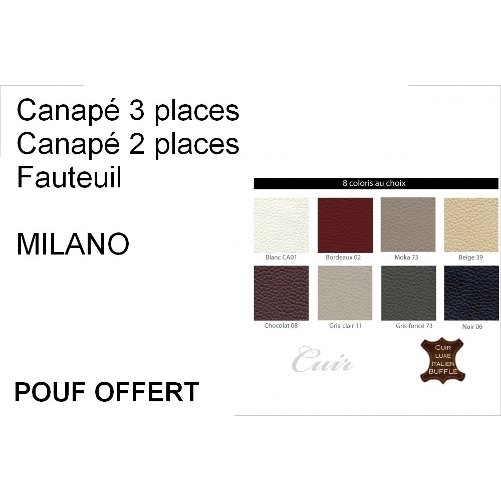 solde de paiement de la commande: Ensemble canapé 3 places et 2 places et fauteuil en cuir italien buffle milano, couleur du can