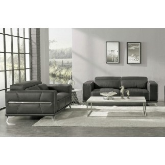 Ensemble Canapé 3 places et 2 places en cuir italien buffle VEGA, gris foncé avec surpiqure gris clair