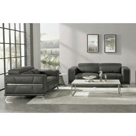 Ensemble Canapé 3 places et 2 places en cuir italien buffle VEGA, gris foncé avec surpiqure gris clair