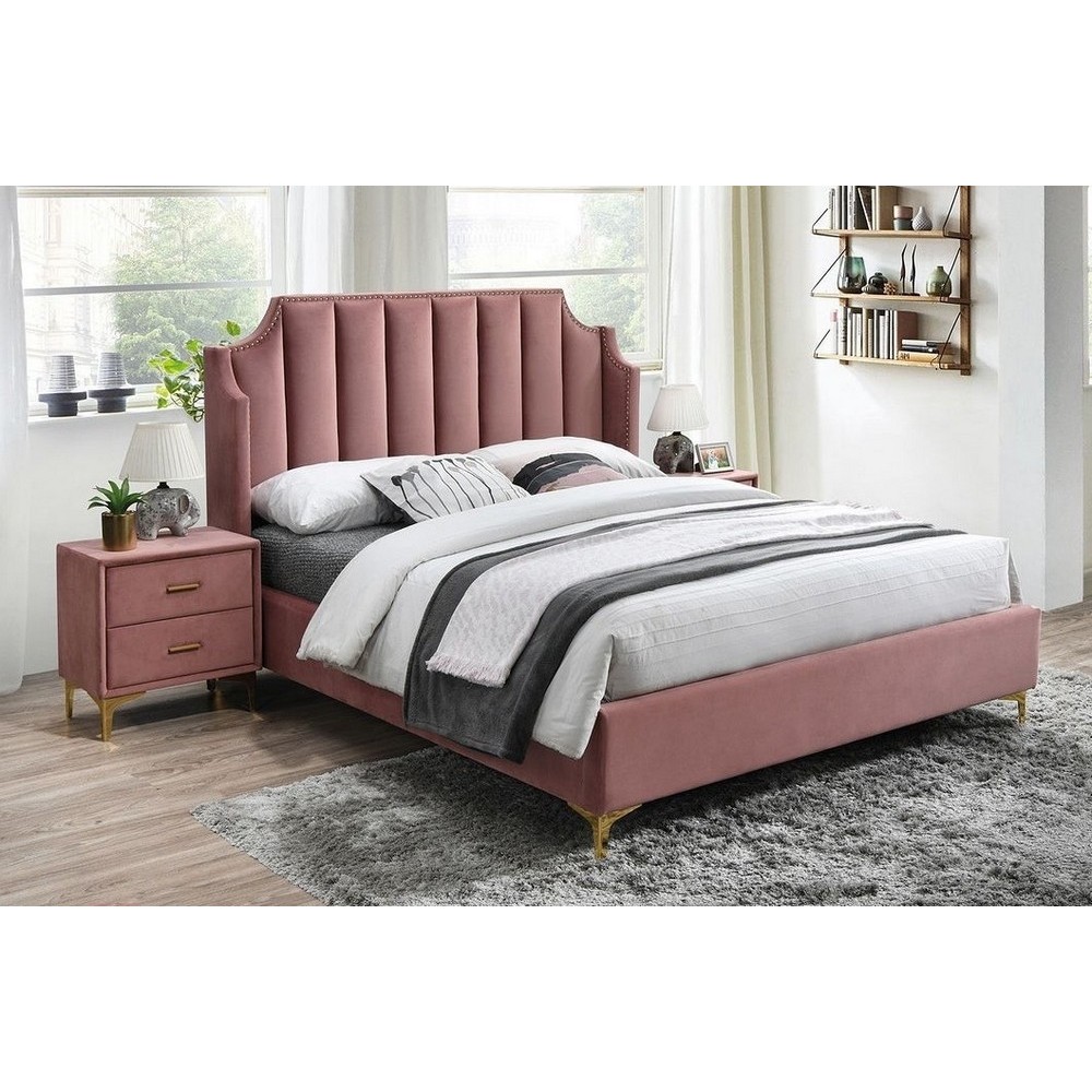 Lit double en tissu velours de qualité MONOTI, rose pale, avec sommier à lattes, 160x200 Lit double en tissu velours de qualité MONOTI, rose pale, avec sommier à lattes, 160x200