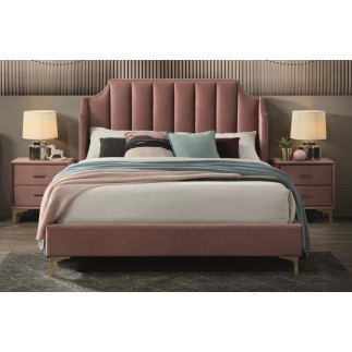 Lit double en tissu velours de qualité MONOTI, rose pale, avec sommier à lattes, 160x200