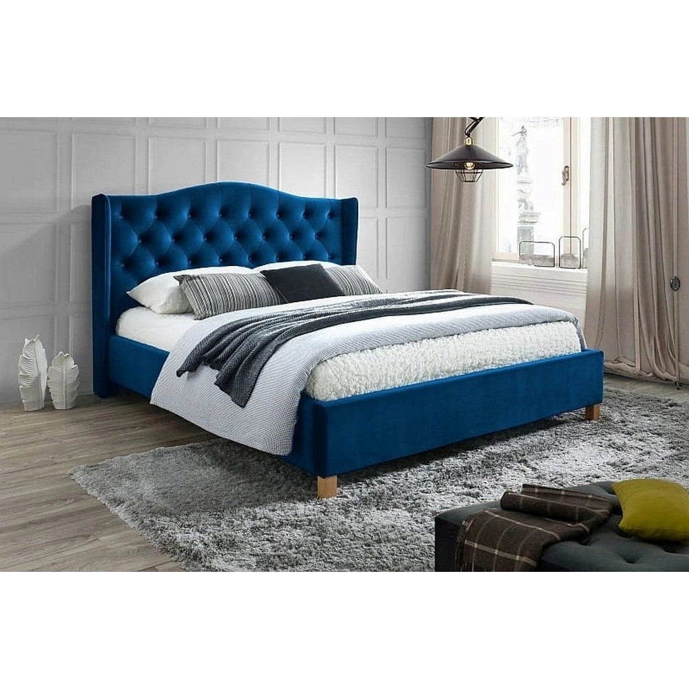 Lit double en tissu velours de qualité ASMA, bleu, avec sommier à lattes, 160x200 Lit double en tissu velours de qualité ASMA, bleu, avec sommier à lattes, 160x200