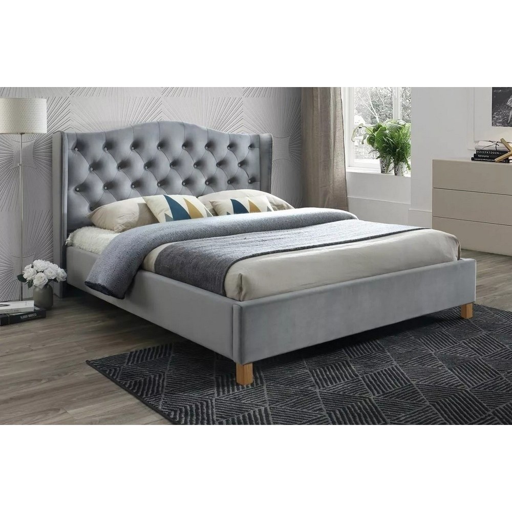 Lit double en tissu velours de qualité ASMA, gris, avec sommier à lattes, 160x200 Lit double en tissu velours de qualité ASMA, gris, avec sommier à lattes, 160x200