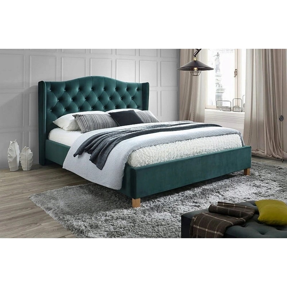 Lit double en tissu velours de qualité ASMA, vert, avec sommier à lattes, 160x200 Lit double en tissu velours de qualité ASMA, vert, avec sommier à lattes, 160x200