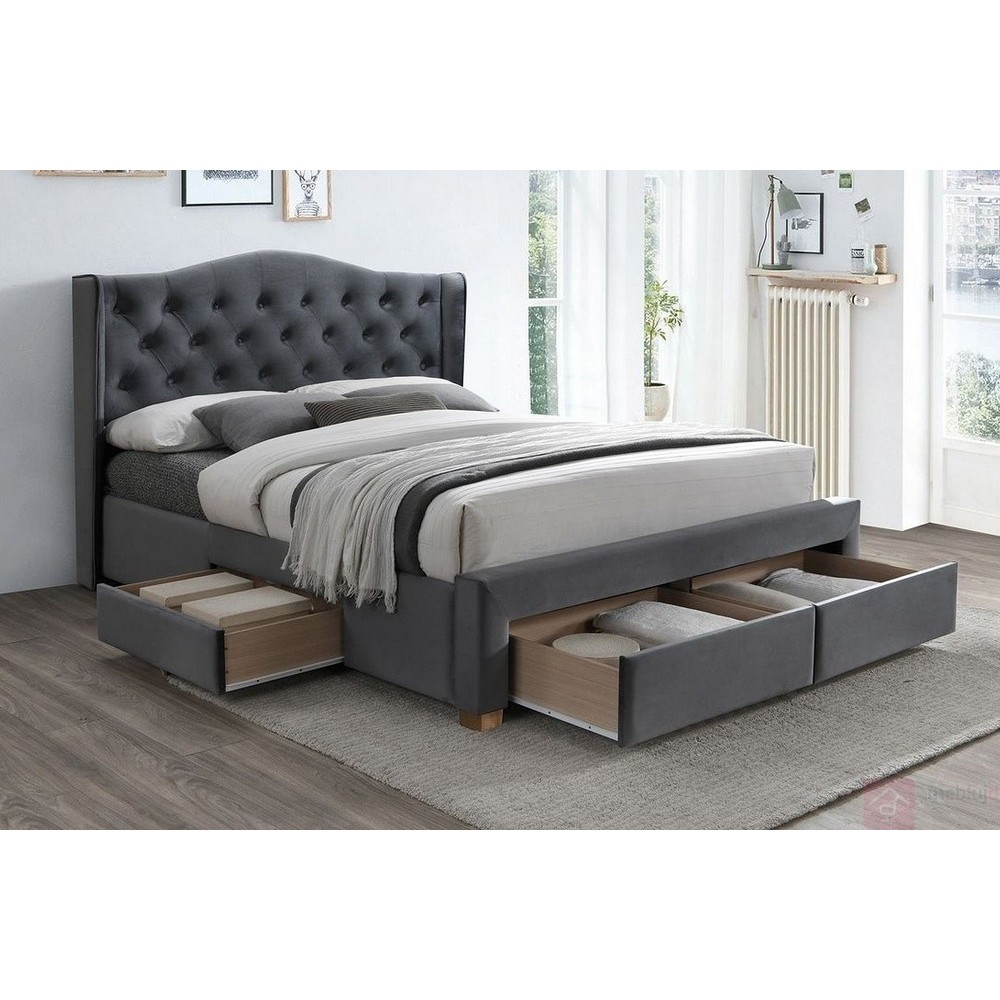 Lit double en tissu velours de qualité ASENA, gris, avec sommier à lattes, 160x200 Lit double en tissu velours de qualité ASENA, gris, avec sommier à lattes, 160x200