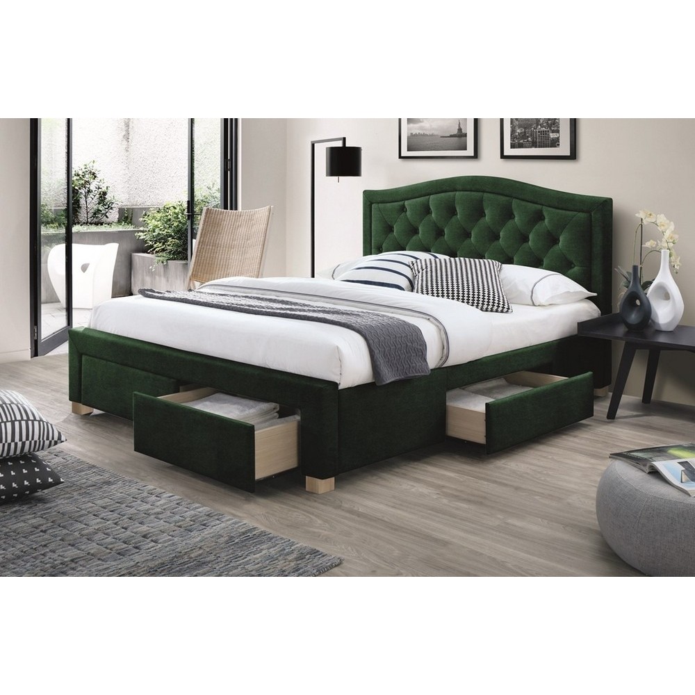 Lit double en tissu velours de qualité ELVIRA, vert, avec sommier à lattes, 160x200