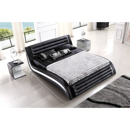 Lit en cuir italien de luxe NOCTURA, noir et liseret blanc