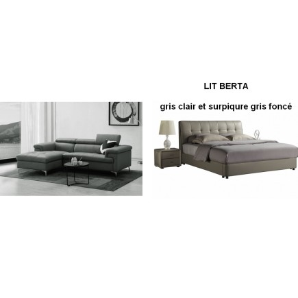 1er paiement de la commande: canapé d'angle en cuir buffle italien de luxe 5 places lido, gris foncé, angle gauche, Lit design c