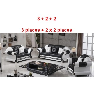Ensemble canapés 3 places et 2 x 2 places en cuir italien vachette LUXOR, noir et blanc