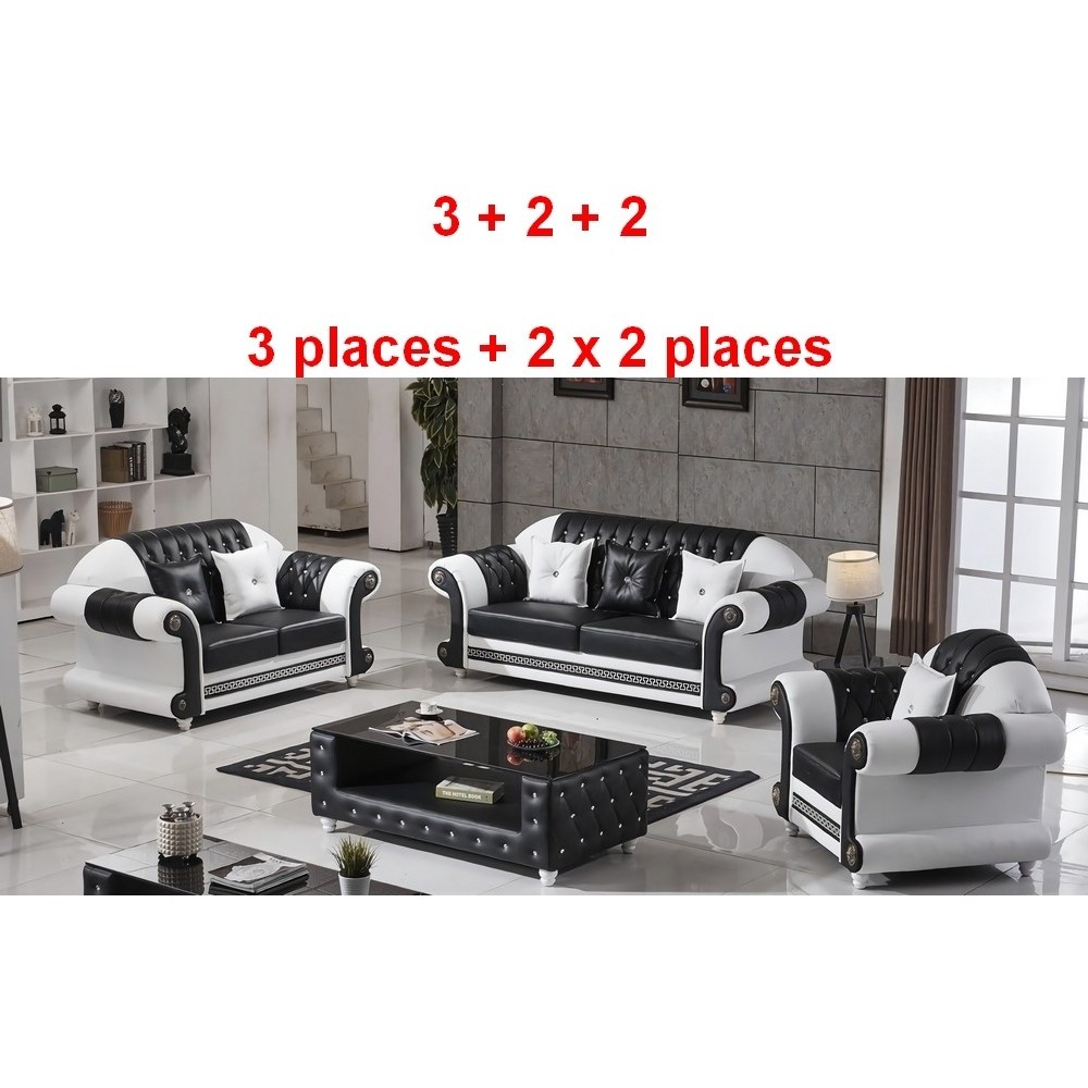 Ensemble canapés 3 places et 2 x 2 places en cuir italien vachette LUXOR, noir et blanc Ensemble canapés 3 places et 2 x 2 places en cuir italien vachette LUXOR, noir et blanc