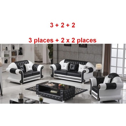 Ensemble canapés 3 places et 2 x 2 places en cuir italien vachette LUXOR, noir et blanc