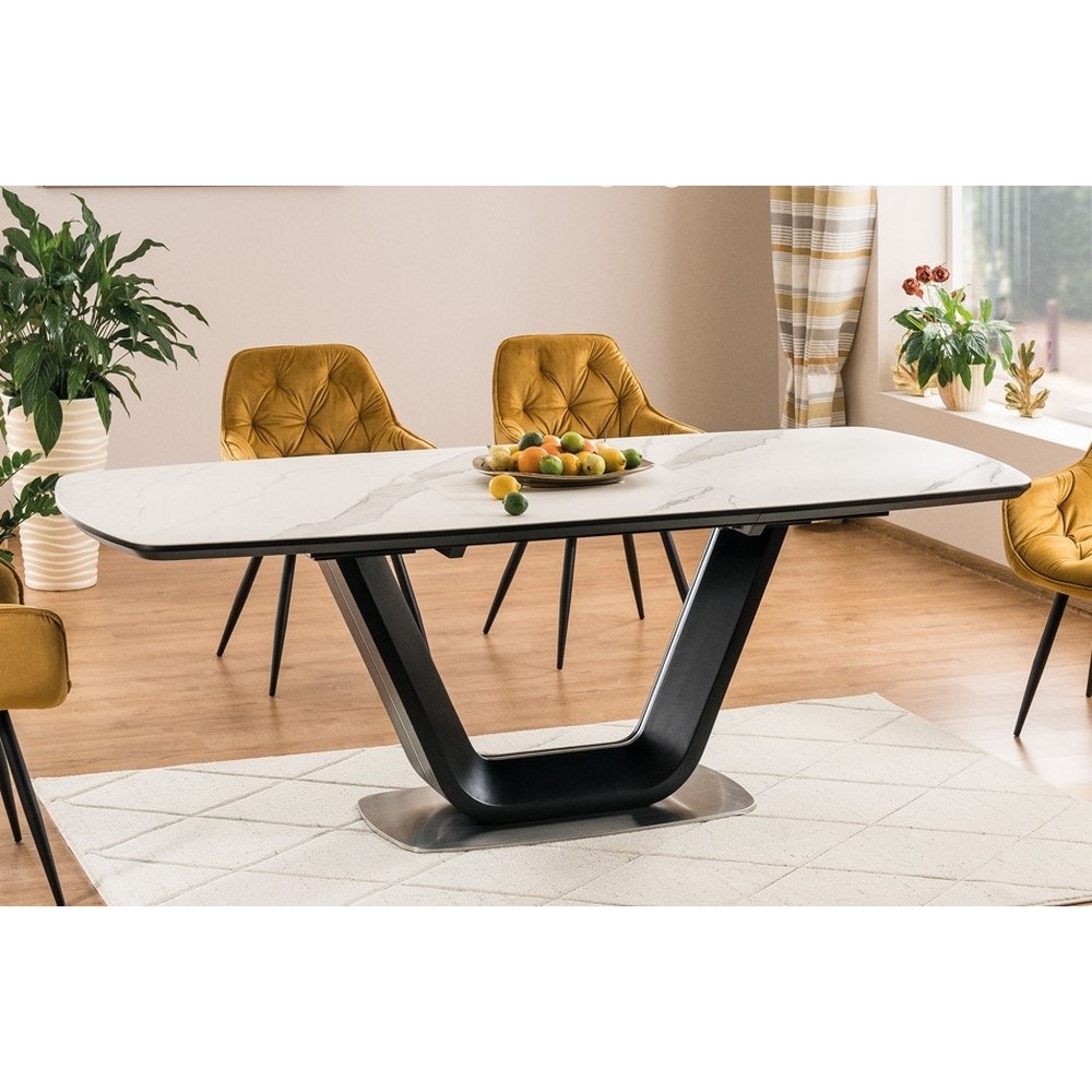 Table à manger avec rallonge, luxe ARMEN céramique blanc et noir Table à manger avec rallonge, luxe ARMEN céramique blanc et noir
