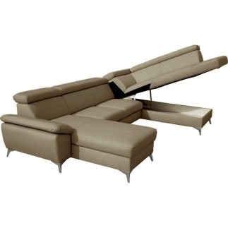 Canapé d'angle convertible en cuir italien de luxe 7/8 places WARINI avec coffre, beige, angle droit