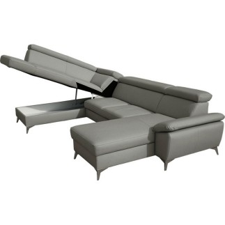 Canapé d'angle convertible en cuir italien de luxe 7/8 places WARINI avec coffre, gris clair, angle gauche