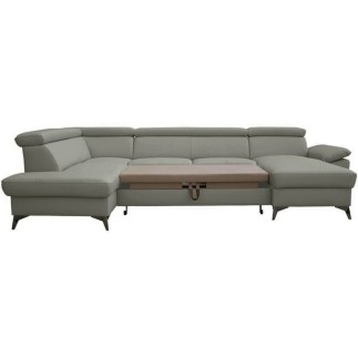 Canapé d'angle convertible en cuir italien de luxe 7/8 places WARINI avec coffre, gris clair, angle gauche