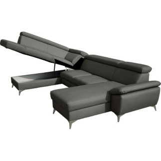 Canapé d'angle convertible en cuir italien de luxe 7/8 places WARINI avec coffre, gris foncé, angle gauche