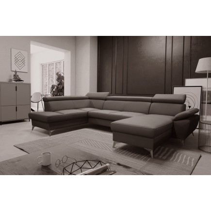 Canapé d'angle convertible en cuir italien de luxe 7/8 places WARINI avec coffre, taupe, angle gauche