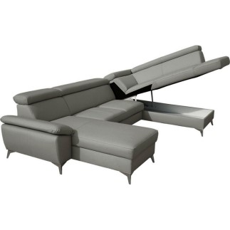 Canapé d'angle convertible en cuir italien de luxe 7/8 places WARINI avec coffre, gris clair, angle droit