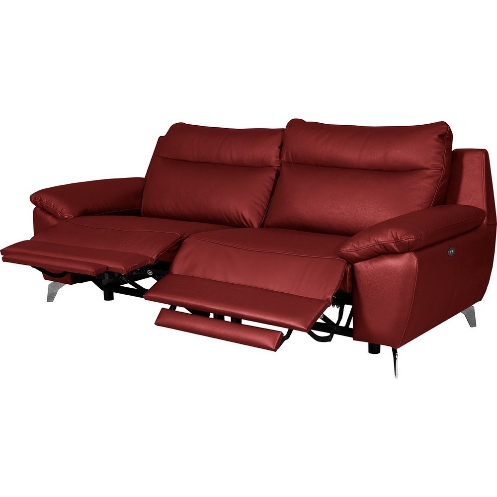 Canapé taille 3 places avec 2 relax en 100% tout cuir épais de luxe italien avec 2 relax électriques, PERINI, rouge foncé Canapé taille 3 places avec 2 relax en 100% tout cuir épais de luxe italien avec 2 relax électriques, PERINI, rouge foncé