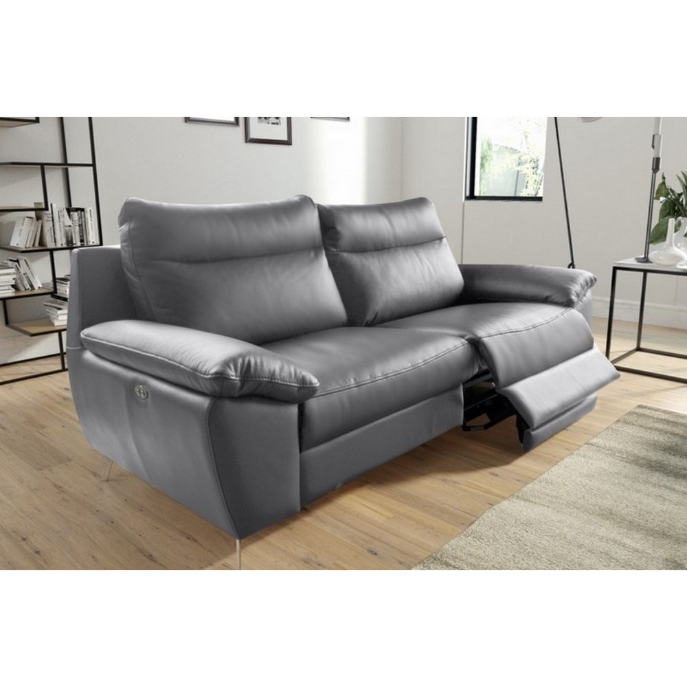 Canapé taille 2 places avec 2 relax en 100% tout cuir épais de luxe italien avec 2 relax électriques, PERINI, gris Canapé taille 2 places avec 2 relax en 100% tout cuir épais de luxe italien avec 2 relax électriques, PERINI, gris