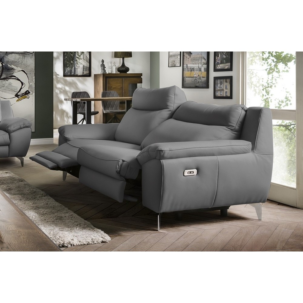 Canapé taille 3 places avec 2 relax en 100% tout cuir épais de luxe italien avec 2 relax électriques, PERINI, gris Canapé taille 3 places avec 2 relax en 100% tout cuir épais de luxe italien avec 2 relax électriques, PERINI, gris