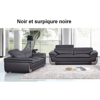 Paiement partiel en 2x par Paypal: Ensemble canapé 3 places et 2 places en cuir italien buffle italina, couleur du canapé Noir.