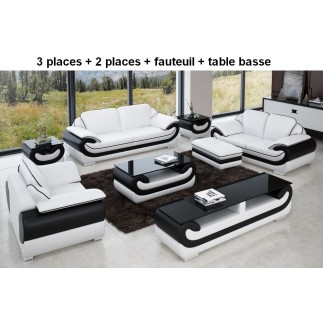 Ensemble canapé 3 places et 2 places et fauteuil en cuir italien vachette candide, couleur blanc et noir. Table basse candide, b